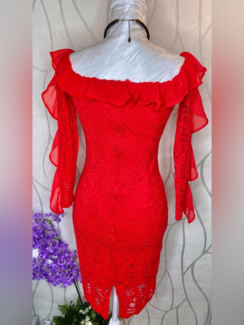 🌹Sexy Vibrant Red Lace Off Shoulder Dress with Chiffon Ruffle Trim 🌹 CBR - Picture 10 of 11